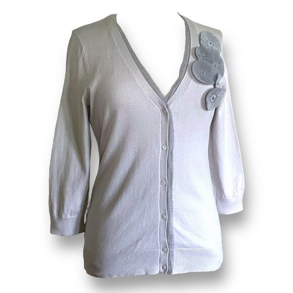 Ann Taylor LOFT Womens Cardigan S Gray Pima Cotton Floral Vneck Beaded Sweater - Picture 4 of 7